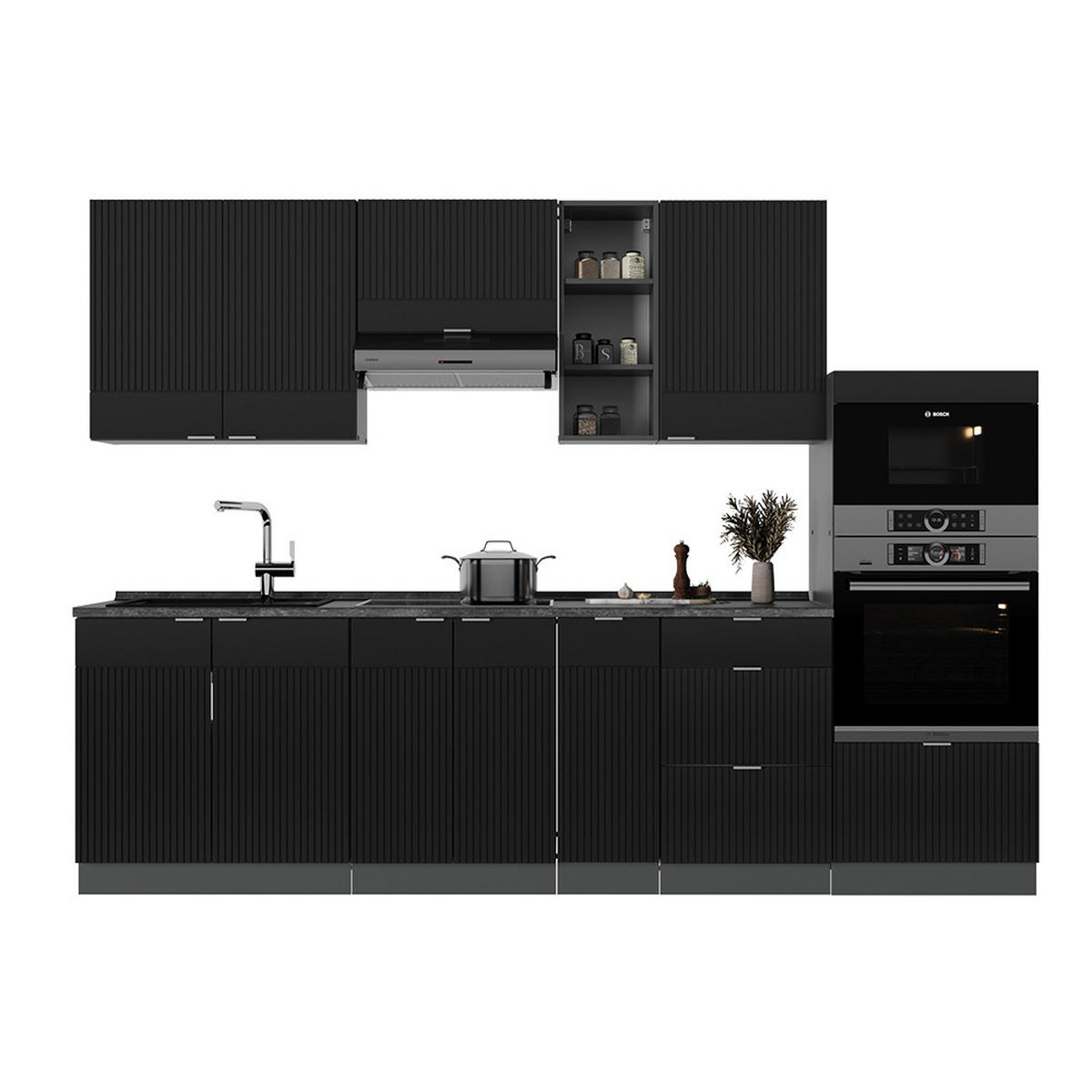 KÜCHENZEILE Fame-Line, Schwarz gestreift/Anthrazit, 280 cm, AP Eiche - Anthrazit/Schwarz, Holzwerkstoff (280/81.6/60cm) - Vicco