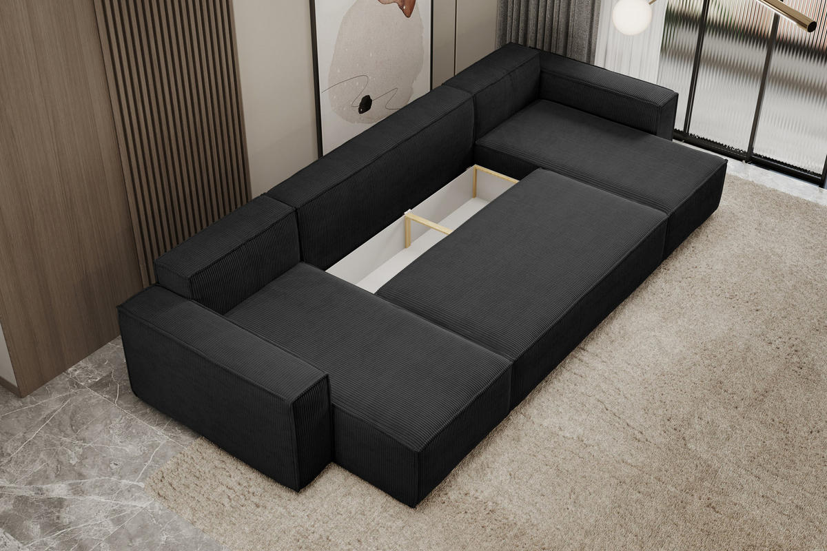 WOHNLANDSCHAFT Hugo U-Form Cordstoff mit Schlaffunktion und Bettkasten - Schwarz, Textil (312/83/142cm) - VENASI MÖBEL
