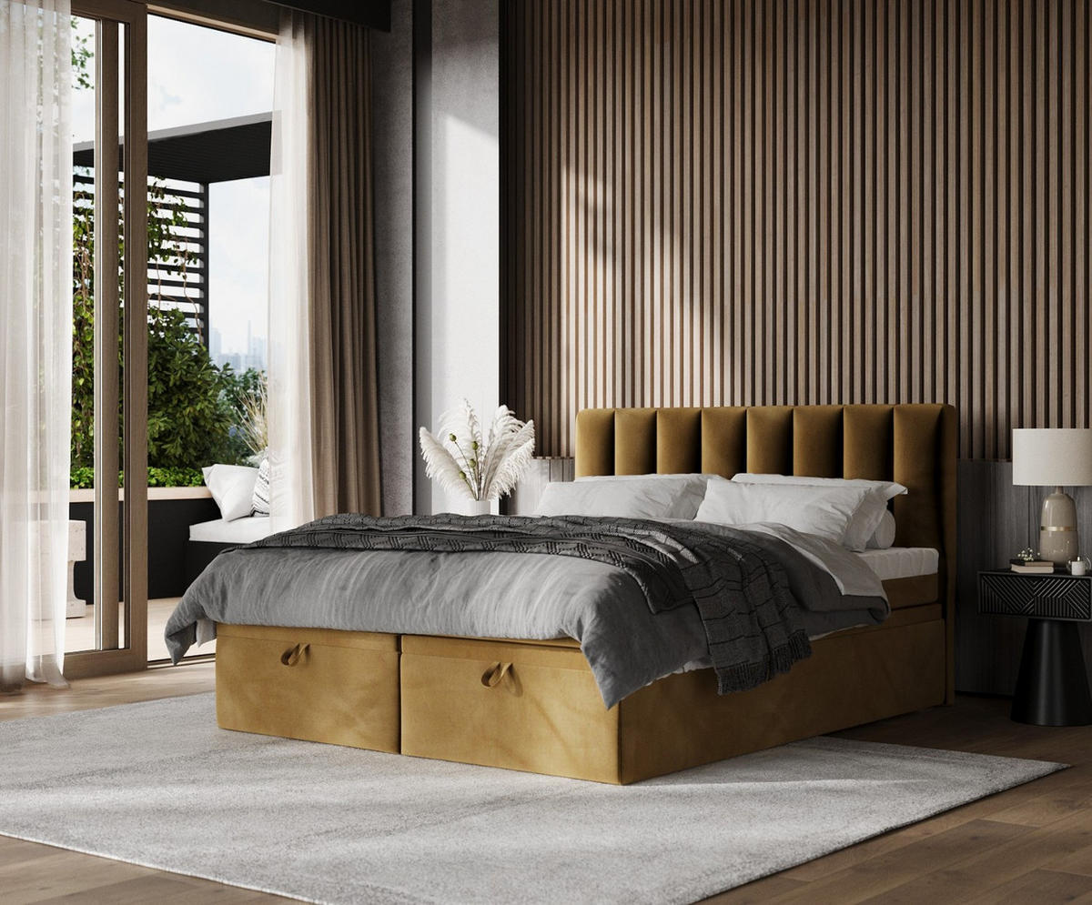 BOXBETT Lume 180/200 cm Honiggelb im Kronos Stoff - Schwarz/Honig, Holz/Holzwerkstoff (180/200cm) - AltaBeds