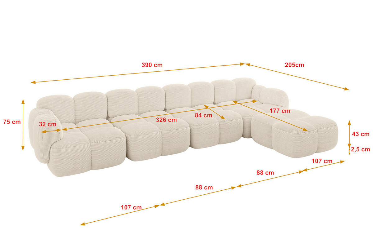 ECKSOFA modulares Sofa Rechts Miko-L3 390x205x75 Beige Cord - Beige/Schwarz, Holzwerkstoff/Kunststoff (390/205cm) - ALTDECOR