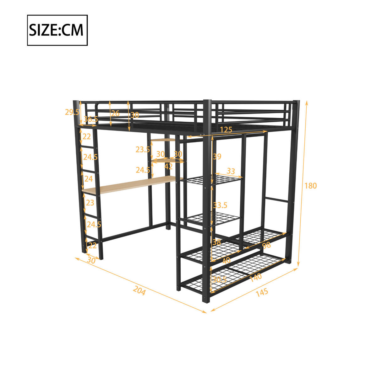 HOCHBETT 140/200 cm aus Metall und MDF mit Schreibtisch und Kleiderstange Schwarz - Schwarz, Metall (140/200cm) - Modenvie