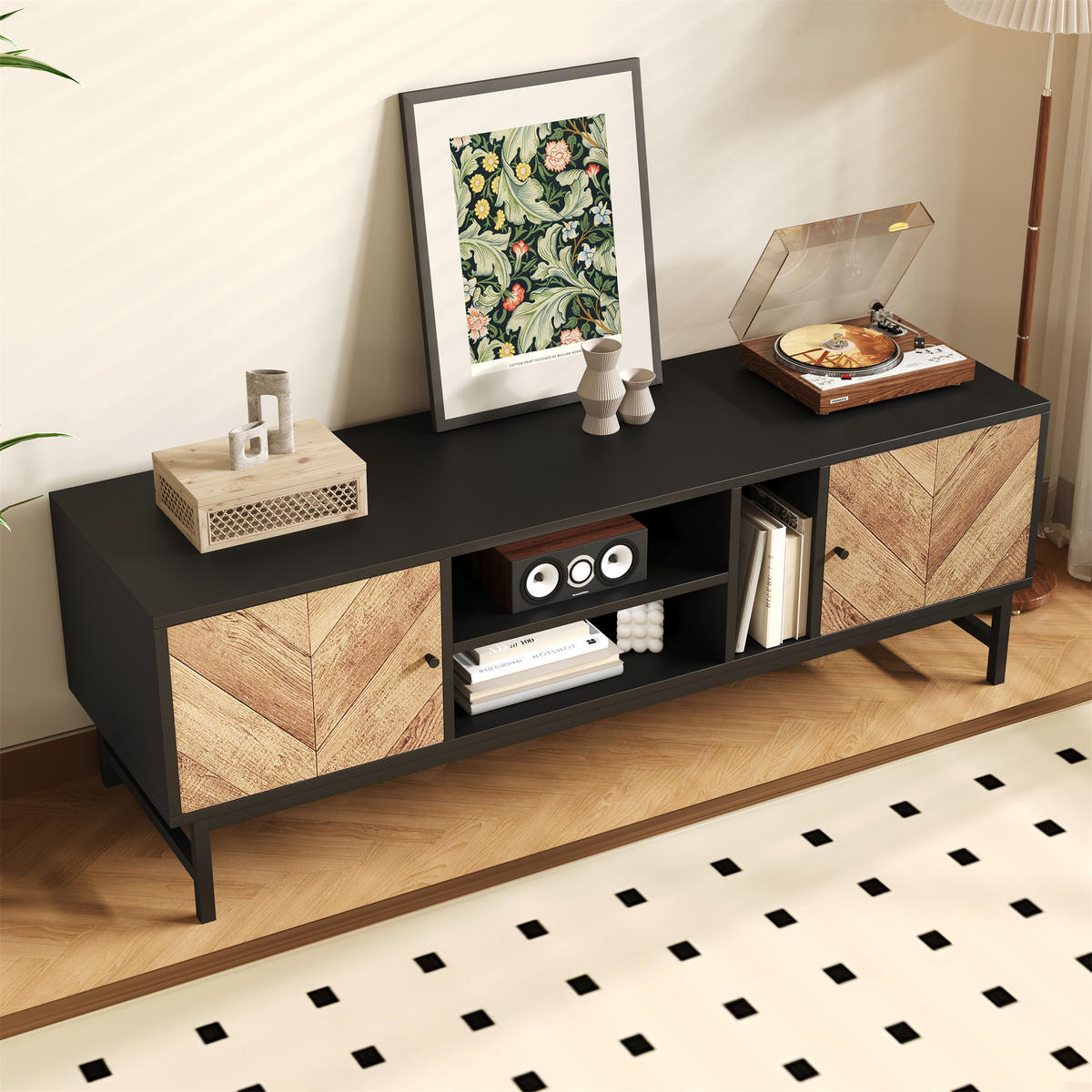 TV-MÖBEL Schwarz und Holzoptik 150/38/55 cm - Schwarz, Holzwerkstoff (38/55/150cm) - Urban Meuble