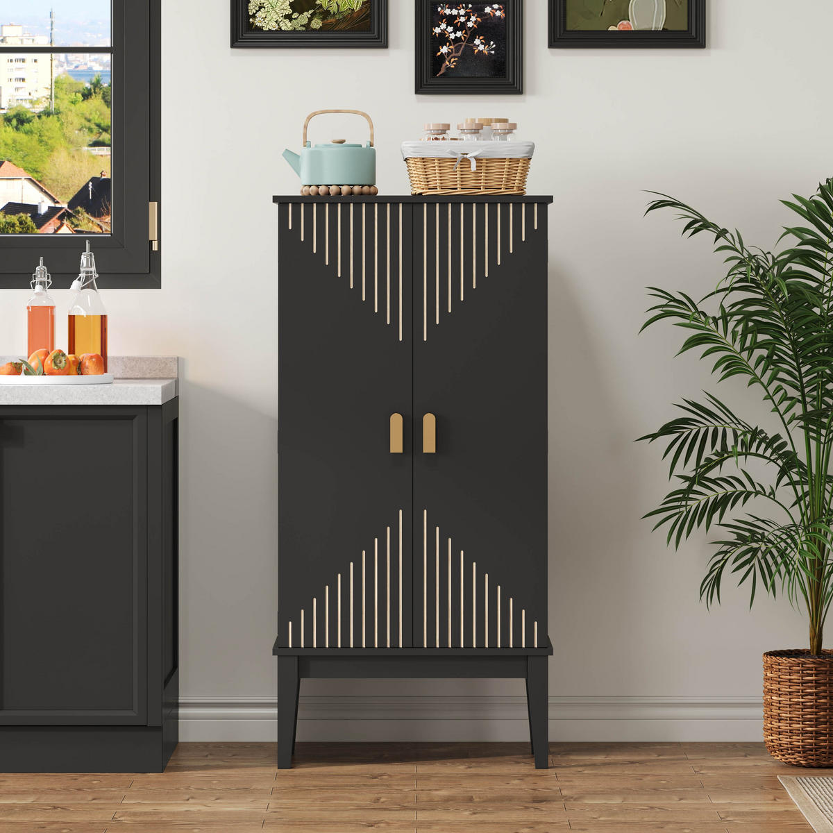 KÜCHENSCHRANK Schwarz mit Türablage im Vintage-Design aus MDF 120 × 59 × 30 cm - Schwarz, Holzwerkstoff (59/120/30cm) - Luhomfu