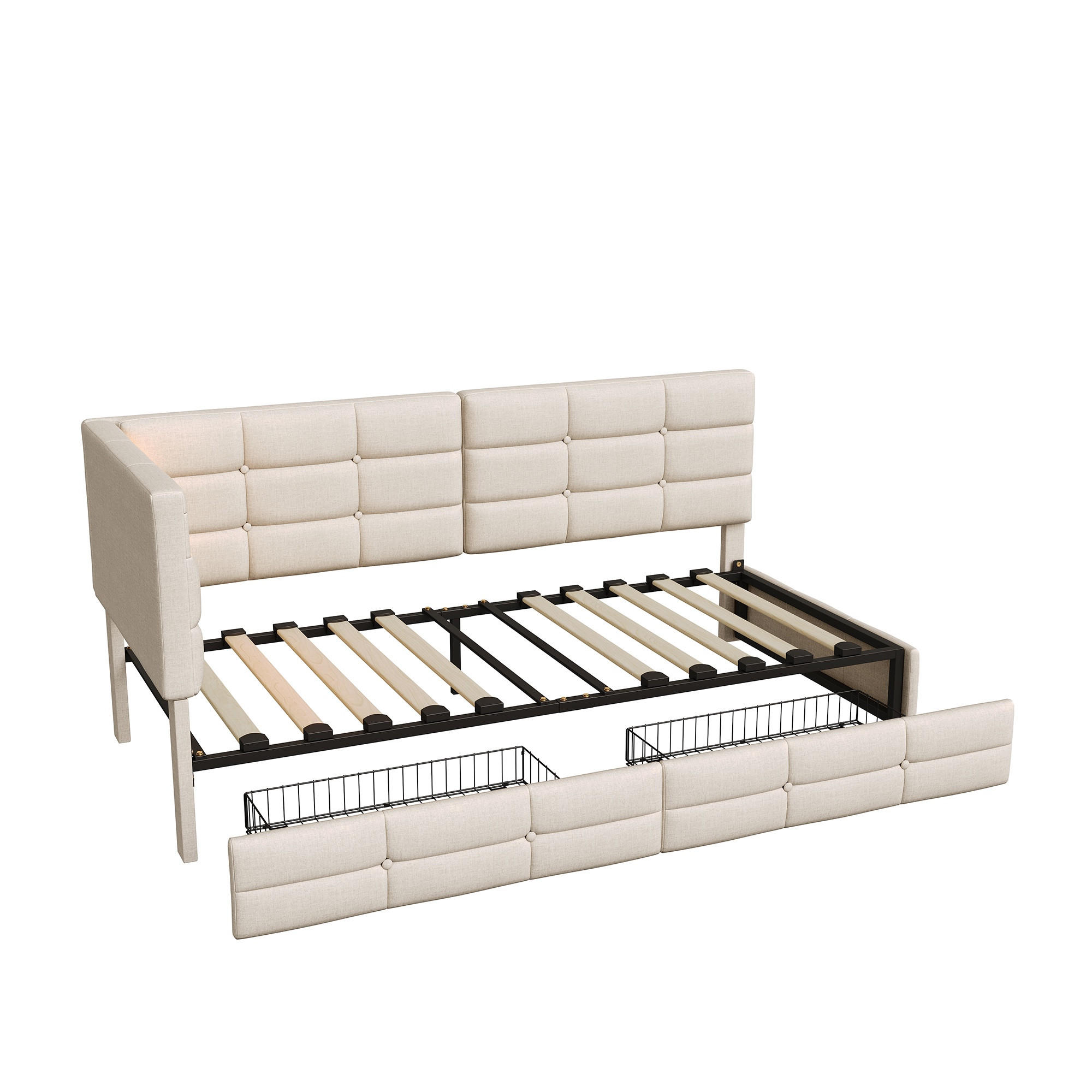 TAGESBETT 90x200 cm mit 2 Schubladen und LED - Gepolstertes Einzelbett aus Leinen mit USB-Anschluss und Lattenrost - Kinder- und Jugendbett - Beige - Beige, Holzwerkstoff (90/200cm) - Brevoria