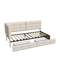 TAGESBETT 90x200 cm mit 2 Schubladen und LED - Gepolstertes Einzelbett aus Leinen mit USB-Anschluss und Lattenrost - Kinder- und Jugendbett - Beige - Beige, Holzwerkstoff (90/200cm) - Brevoria