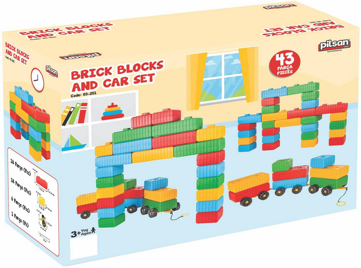 BAUSTEINE Brick Block 03251 43 Teile, große bunte Elemente, Kunststoff, Einstieg ab 3 Jahren - Multicolor, Kunststoff (23/45/59cm) - Pilsan