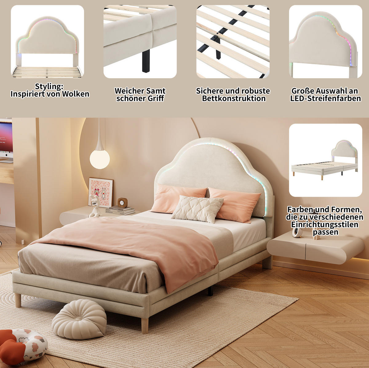 KINDERBETT 90/200 cm mit LED-Lichtleiste und wolkenförmigem Kopfteil, Samt, Beige - Beige, Textil (90/200cm) - Redom
