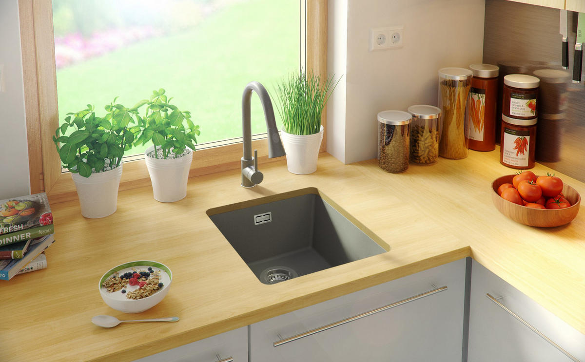 UNTERBAUSPÜLE GRANIT London, 2-er set Grau 41/47 cm 1 Becken + Küchenarmatur 32/20 cm + Ablauf-Set ab 45er Unterschrank - Grau, Kunststoff (41/20/47cm) - Primagran