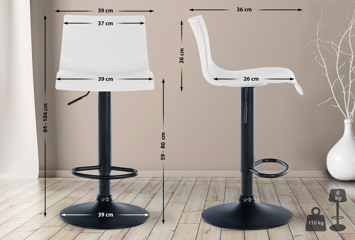BARHOCKER 2er Set Kunststoff weiß - Schwarz/Weiß, Kunststoff/Textil (39/84/36cm) - CLP