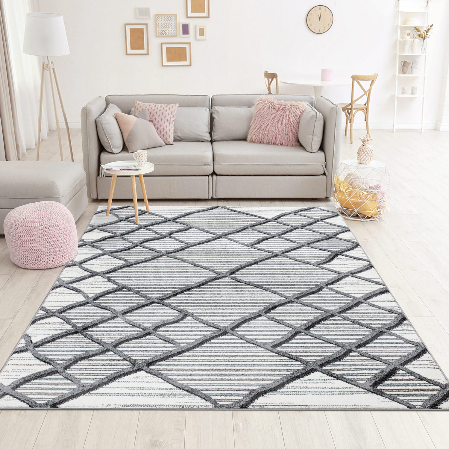 Thumbnail - carpet city Kurzflor-Teppich, Grau, Creme, Textil, Rauten, Rechteckig, 80x150 cm, Oeko-Tex® Standard 100, für Fußbodenhe...