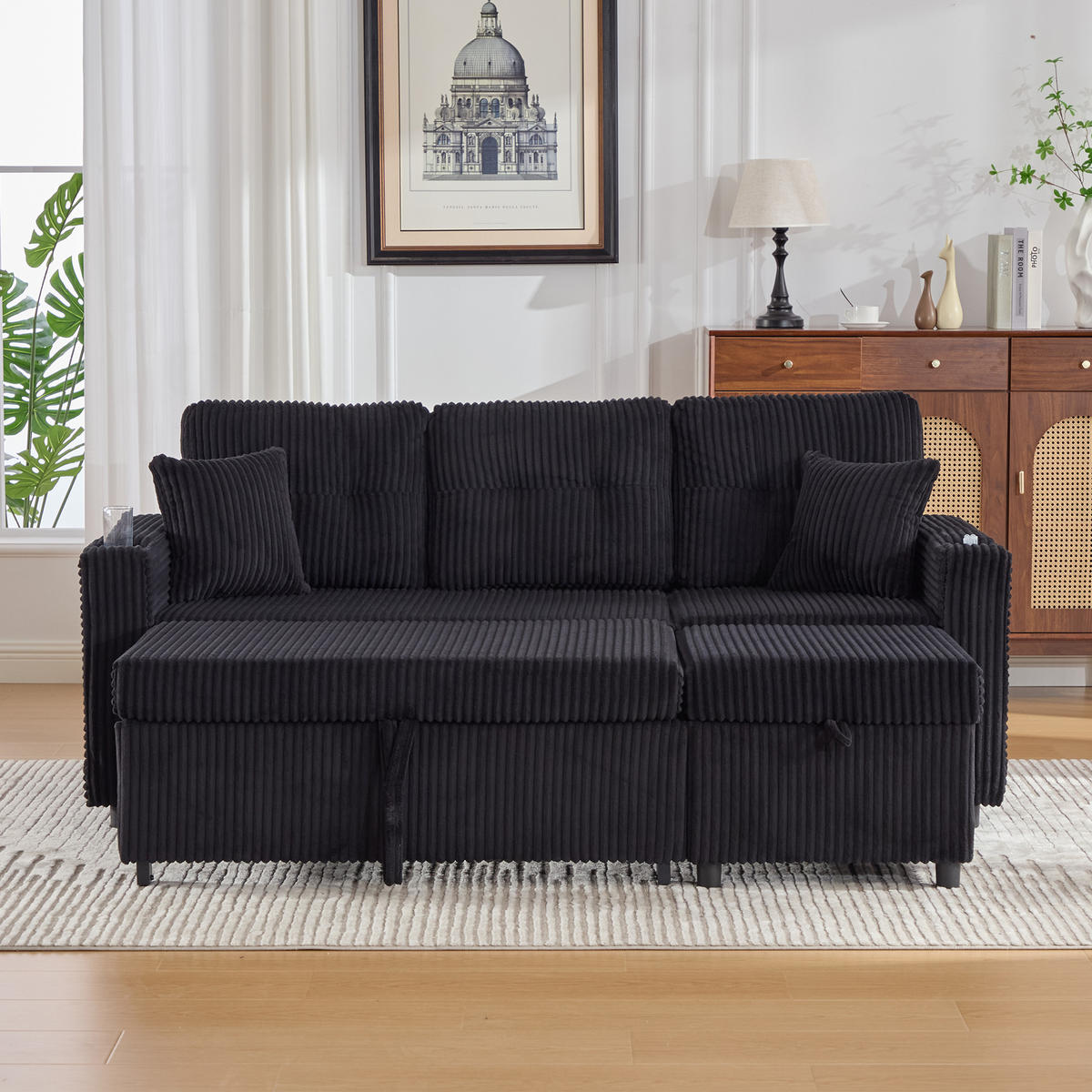 ECKSCHLAFSOFA 196/144/85 cm Schwarz mit Stauraum, USB-C, Ambientebeleuchtung und Getränkehaltern - Schwarz, Textil (196/82cm) - Oxeza