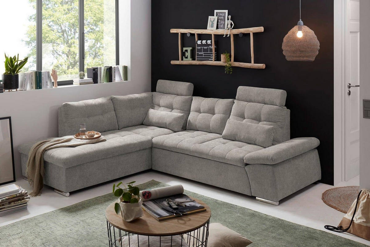 ECKSOFA mit Schlaffunktion, verstellbare Armlehne und Kopfstützen - Taupe/Chromfarben, Textil (260/219cm) - ed exciting design