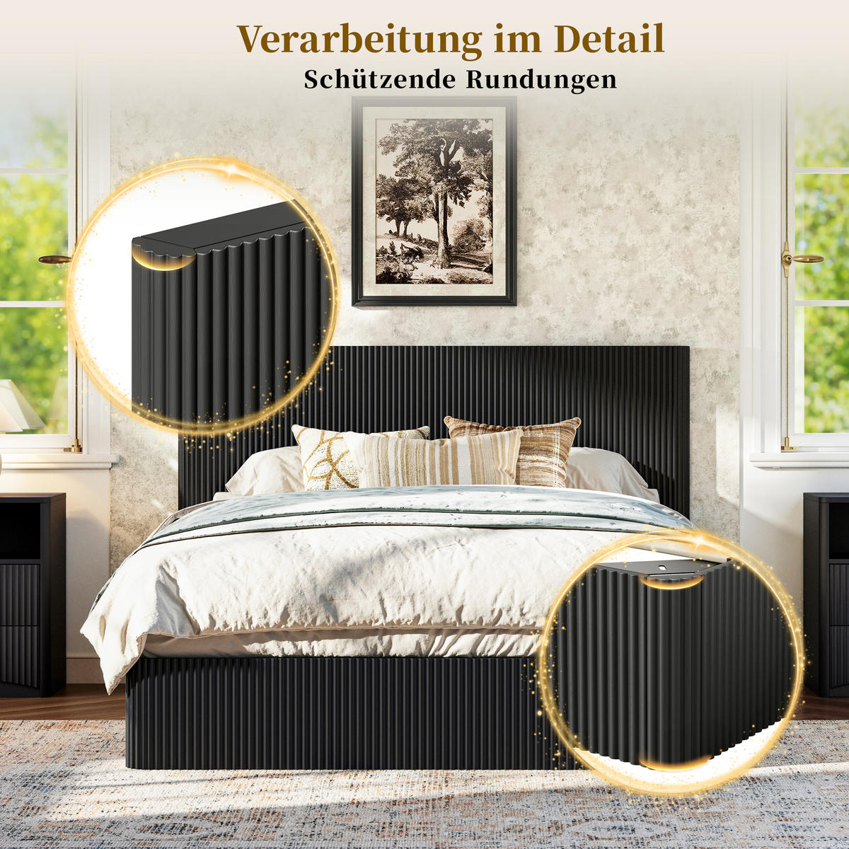 BETT 160/200 cm in Schwarz mit Stauraum, Lift-System und Rillenoptik - Schwarz, Holzwerkstoff/Metall (160/200cm) - WISHDOR