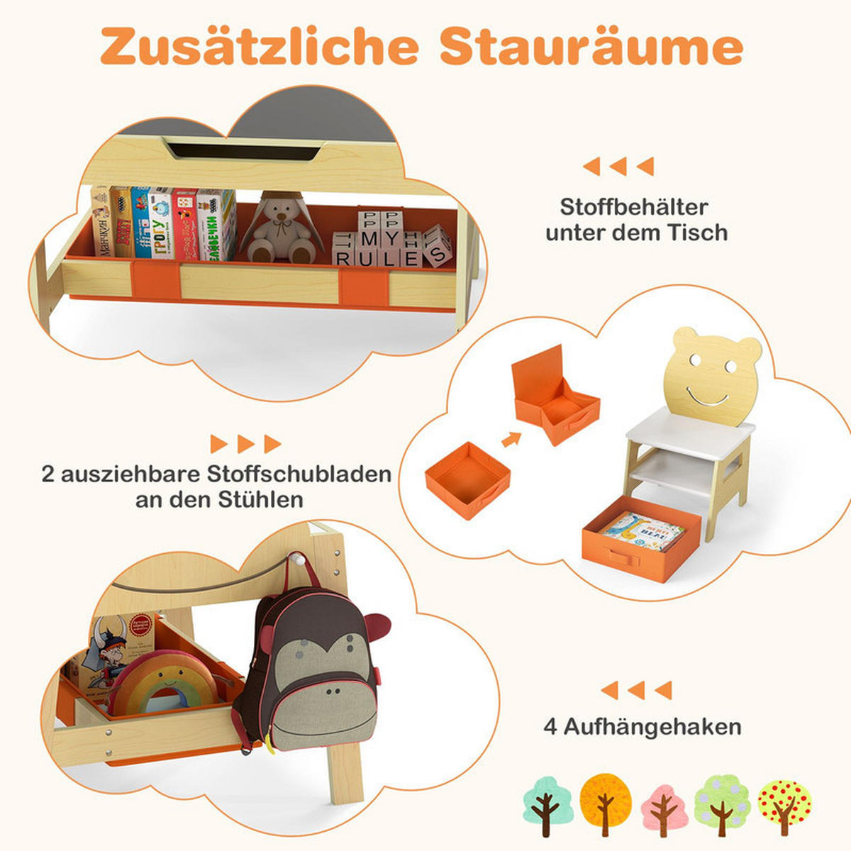 KINDERTISCH mit stuhl natur(3-tlg) - Naturfarben, Holzwerkstoff (70/50/60.5cm) - COSTWAY