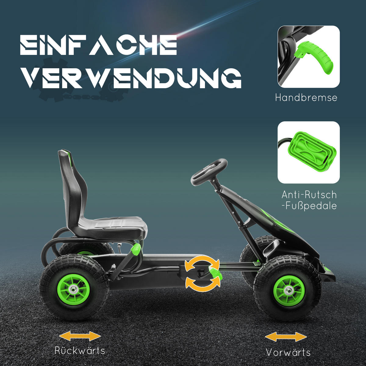 KINDER GO KART TRETAUTO, Blau+Schwarz/Grün+Schwarz/Rot+Schwarz, Metall - Grün, Metall (121/58/61cm) - HOMCOM