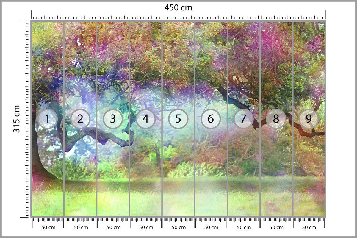 FOTOTAPETE für Kinderzimmer Magischer Bunter Wald Bäume Sträucher Blätter Pflanzen 450x315 - Gelb/Rot, Papier (450/315cm) - Muralo