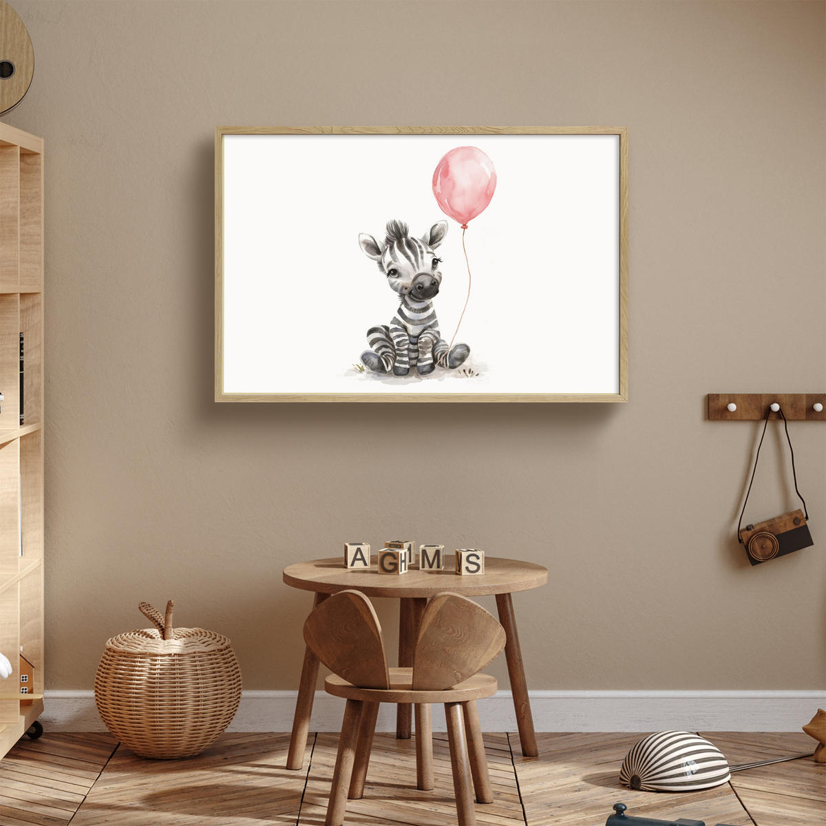 NACHTTISCHLAMPE MIT AKKU Zebra - Baby - Tiere - Rosa Luftballon 90x60 cm - Weiß, Holzwerkstoff (8/90/60cm) - OnlyWow