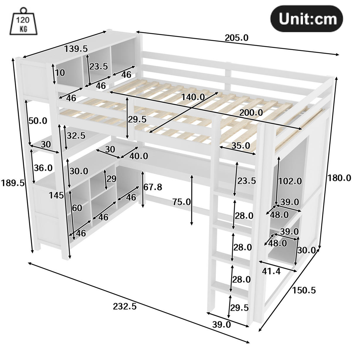 HOCHBETT 140/200 cm Weiß aus Kiefernholz und MDF mit Schreibtisch und Kleiderschrank - Weiß, Holz (140/200cm) - OKMYHOME