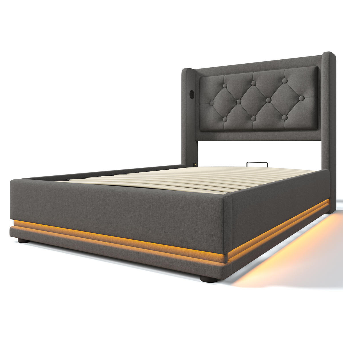 POLSTERBETT 90/200 cm mit USB-Typ-C, Matratze, LED und hydraulischem Bettkasten aus Baumwolle, Grau - Grau, Textil (90/200cm) - Redom