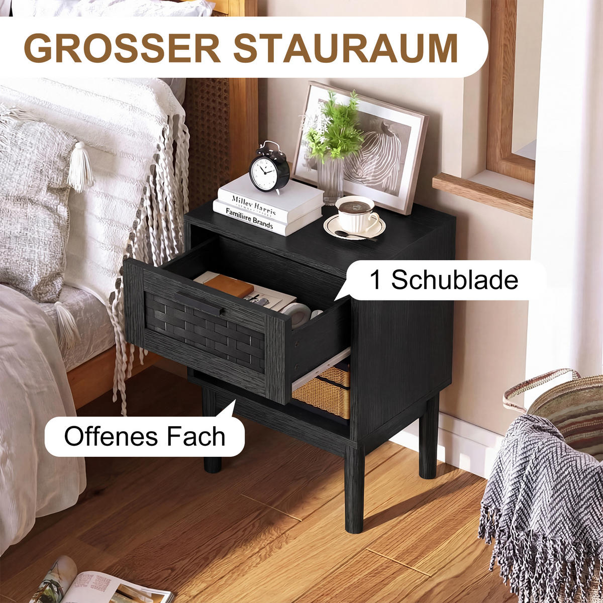 NACHTTISCH 2er Set Holz Rattan Schublade offenes Fach schwarz - Schwarz, Holz (30/55/40cm) - LEBENLANG