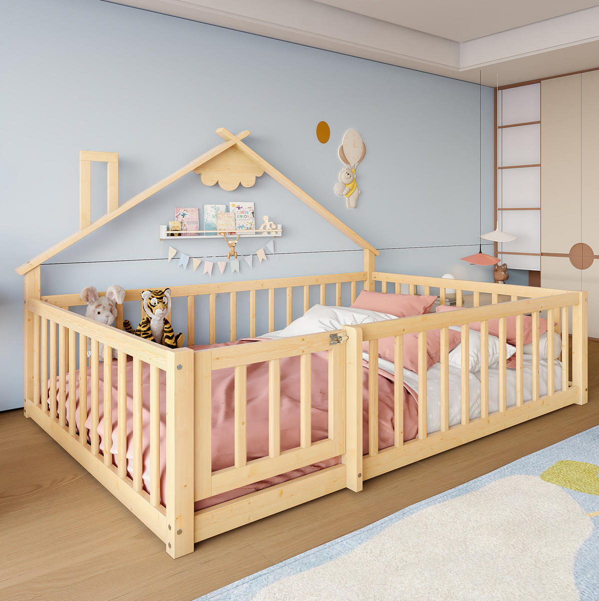 FLACHBETT 140/190 cm Natur Kiefernholz mit Geländer und Schloss - Naturfarben, Holz (140/190cm) - OKWISH
