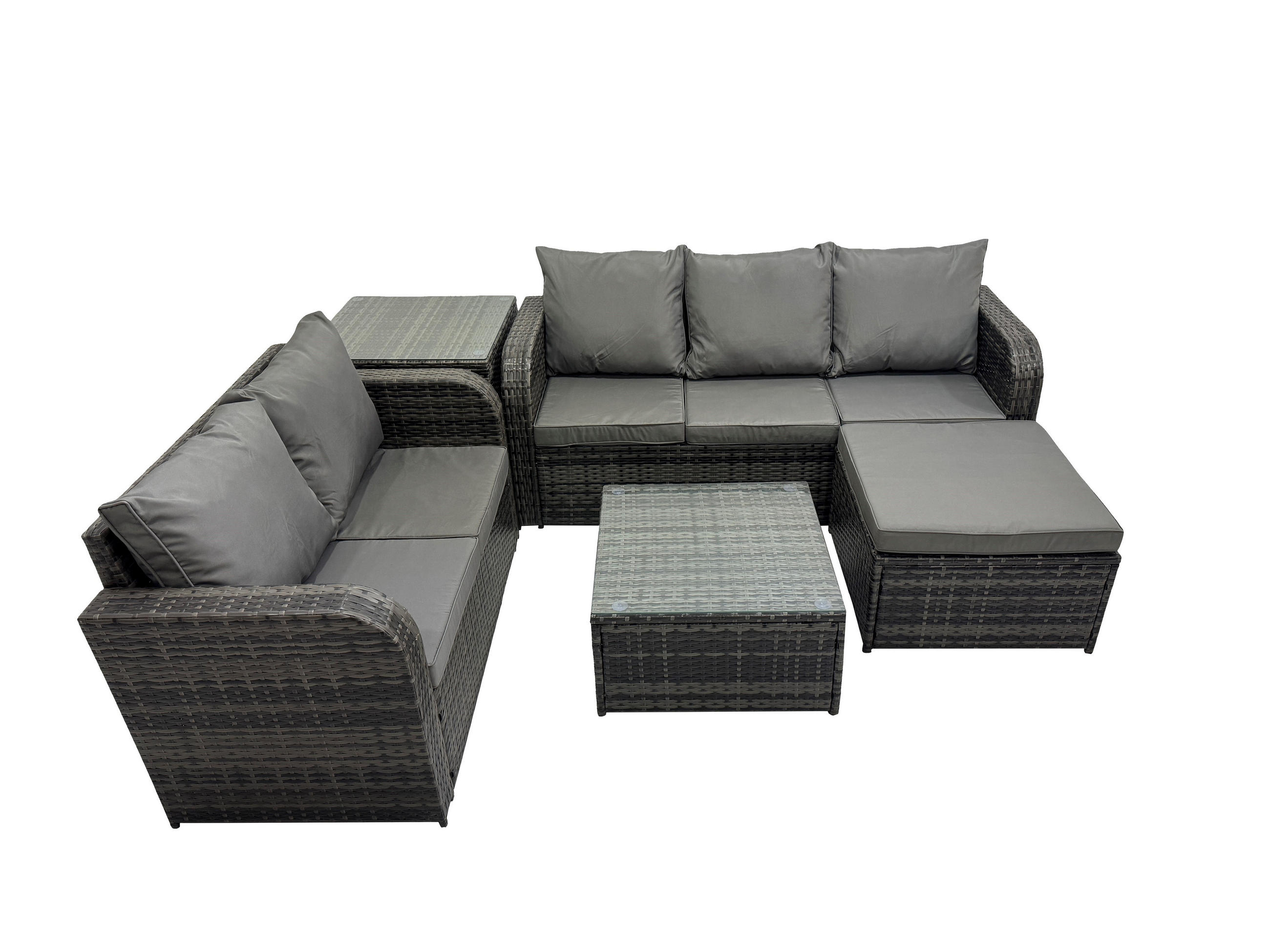 GARTENSOFA SET mit Couchtisch Polyrattan Dunkelgrau 5-teilige - Dunkelgrau/Grau, Glas/Kunststoff - Fimous