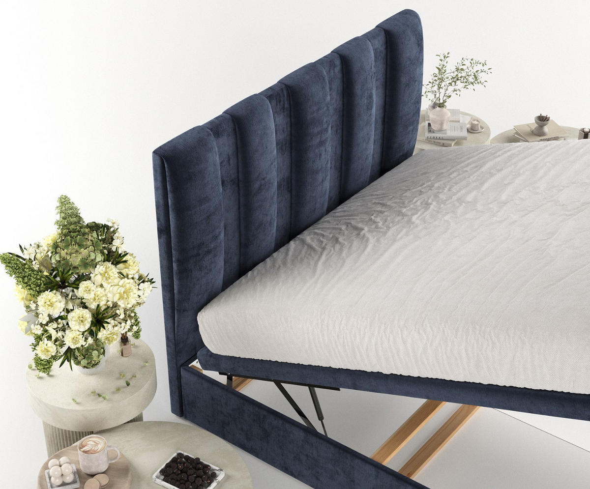 POLSTERBETT Orta mit Stauraum 120/200 cm Marineblau im Lotta Stoff - Schwarz/Dunkelblau, Holz/Holzwerkstoff (120/200cm) - AltaBeds