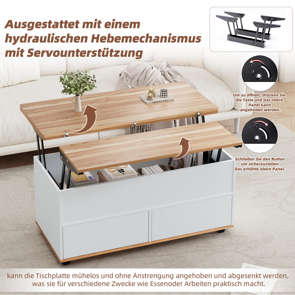 COUCHTISCH höhenverstellbar Weiß Naturholz 100x98x65cm mit Stauraum - Weiß, Holzwerkstoff (100/98/65cm) - FLIEKS