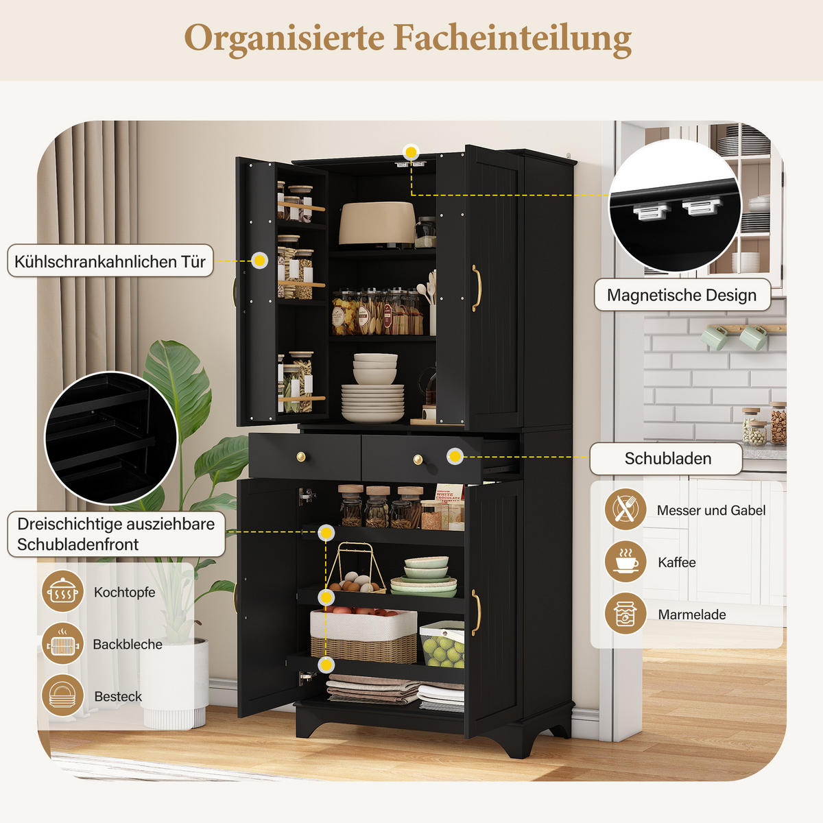 BUFFETSCHRANK Schwarz 77/40/181 cm - Schwarz, Holz (77/181/40cm) - PANGIVO