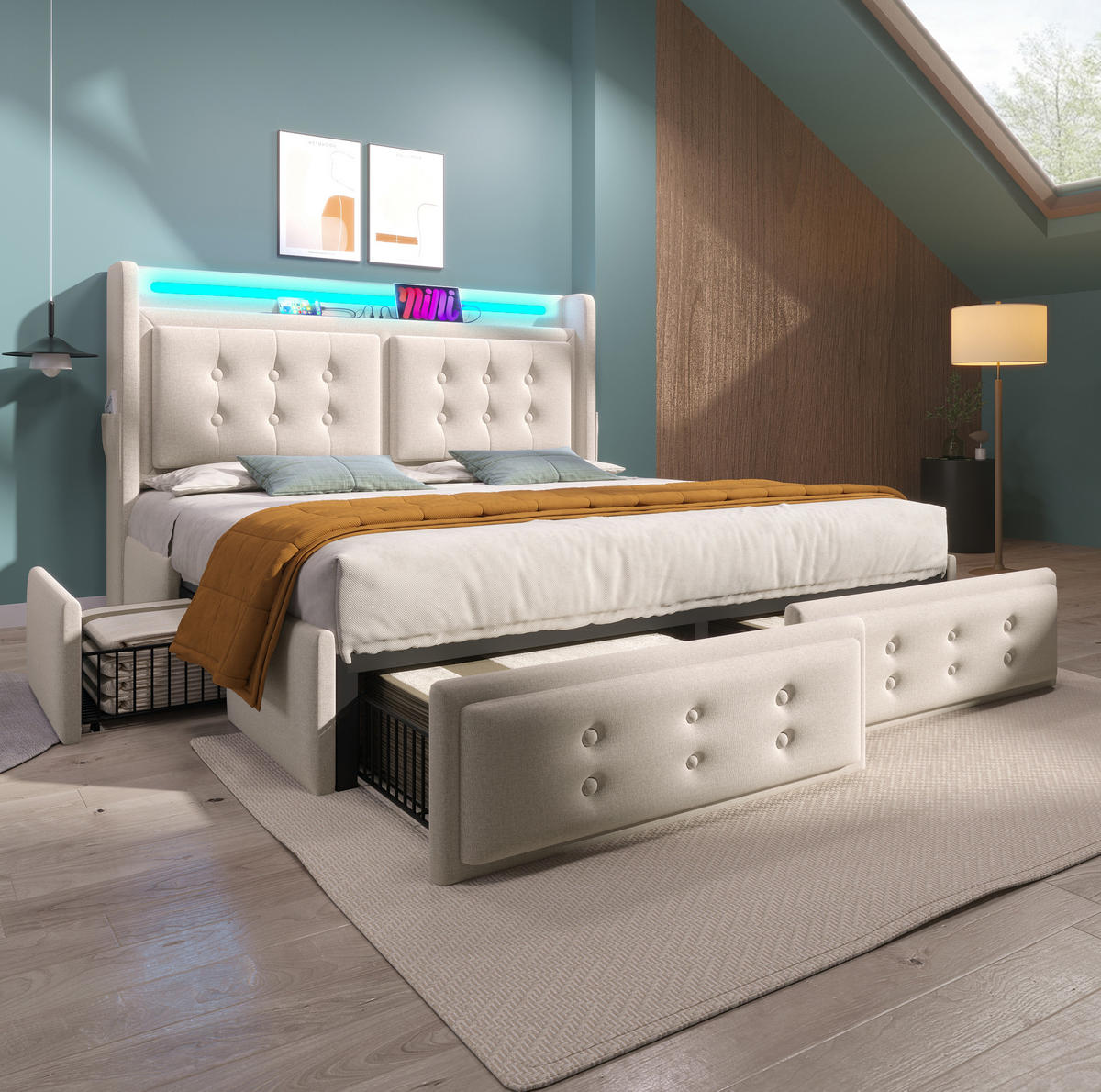 POLSTERBETT 180/200 cm Beige aus Baumwoll-Leinen mit 4 Schubladen - Beige, Textil (180/200cm) - OKMYHOME