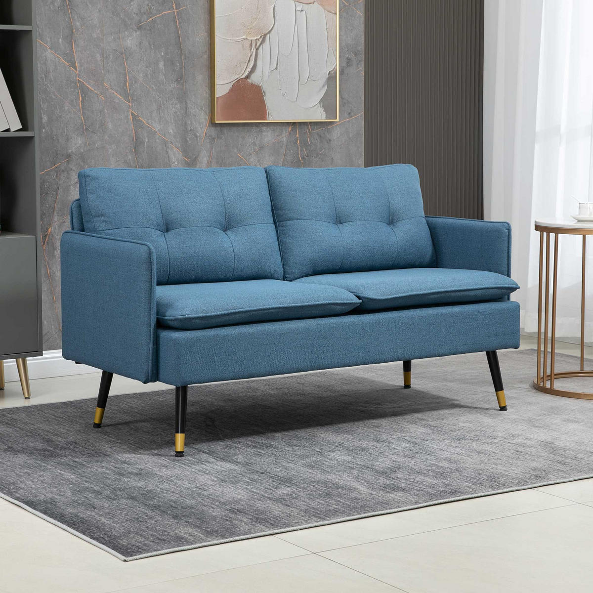 2 Sitzer Sofa, Couch mit Dickem Kissen, Leinenoptik, Polstersofa mit Stahlbeine - Blau, Kunststoff (68/80/139cm) - HOMCOM