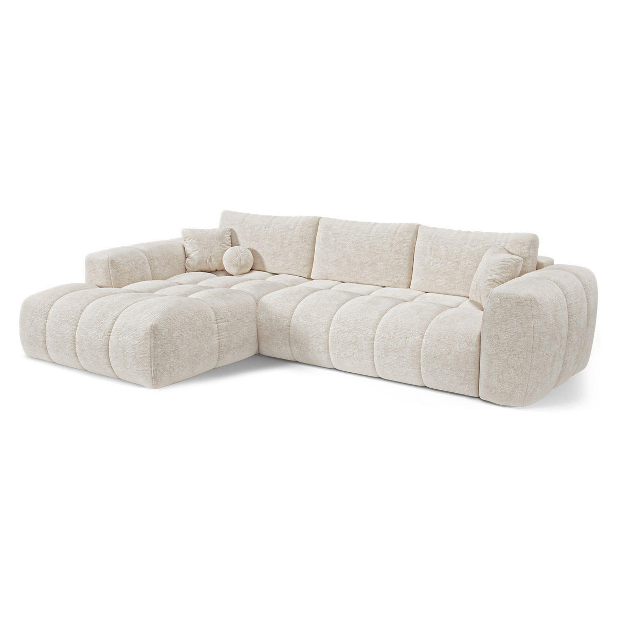 LINKSECK-SCHLAFSOFA mit Stauraum SKY Geprägter Samt Creme 310cm - Creme, Textil (310/180cm) - Premium Interiors