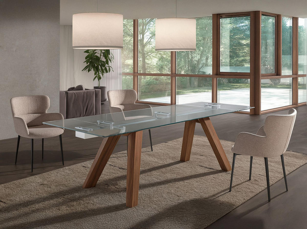 ESSTISCH Ausziehbarer Esstisch Rechteckig gehärtetes Glas aus Walnuss 160/90/76 cm - Edelstahlfarben/Transparent, Glas (90/160/76cm) - ANGEL CERDA