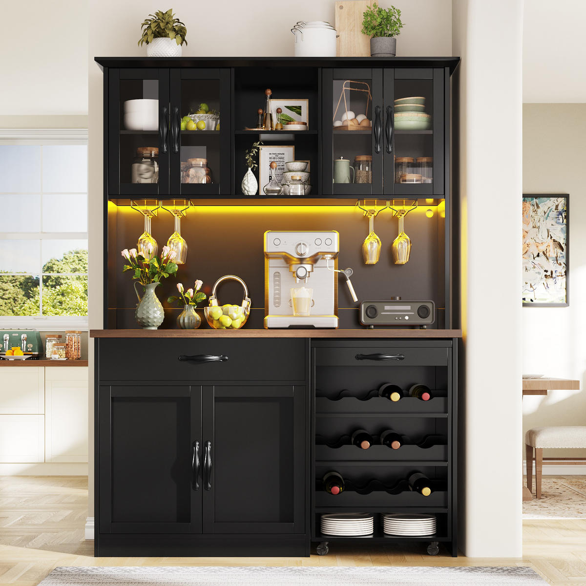 BUFFETSCHRANK Rollwagen Schwarz 140/38/180 cm - Schwarz, Holz (140/180/38cm) - PANGIVO