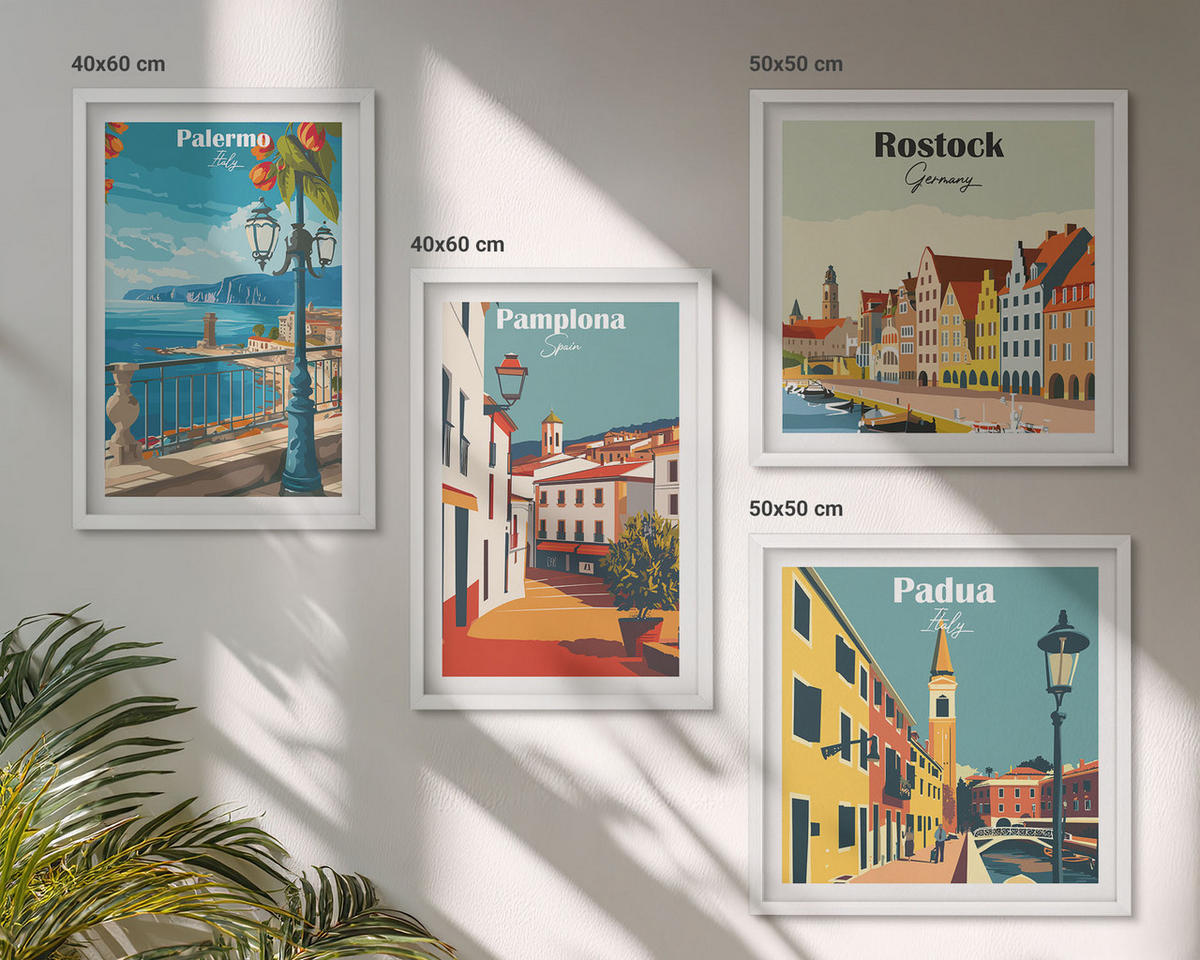 BILDER SET 4er Set - 50x50 cm & 40x60 cm Weißer Rahmen - Retro-Stadtillustrationen - Weiß, Kunststoff (50/50cm) - TULUP