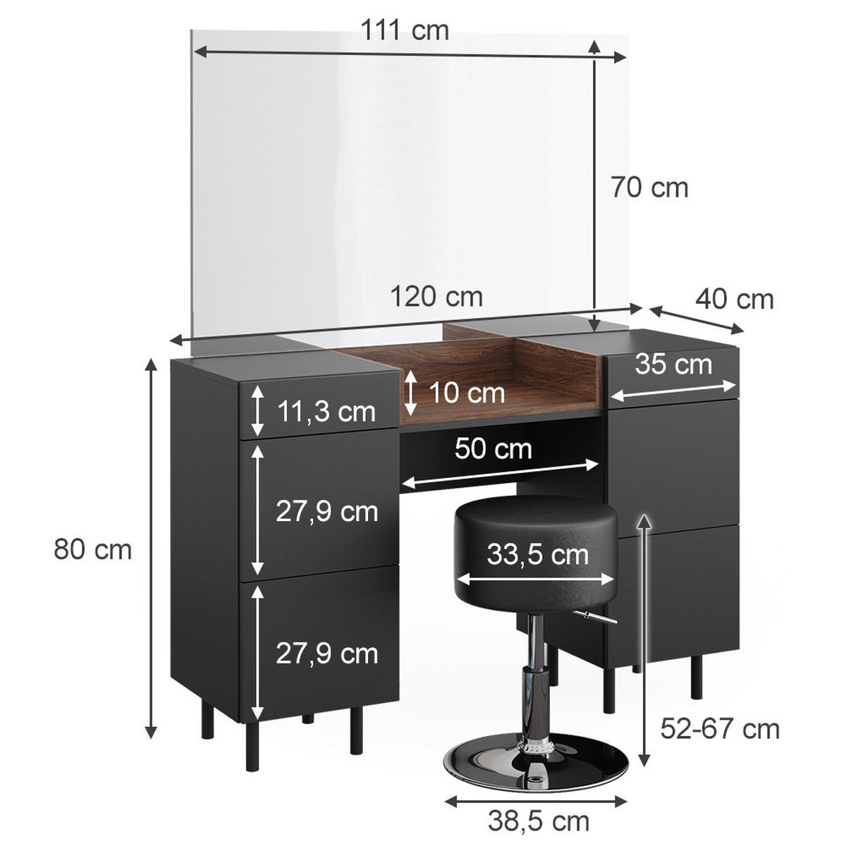 SCHMINKTISCH Anika Anthrazit 120 cm mit Hocker - Anthrazit/Walnussfarben, Holzwerkstoff (120/80/40cm) - Vicco