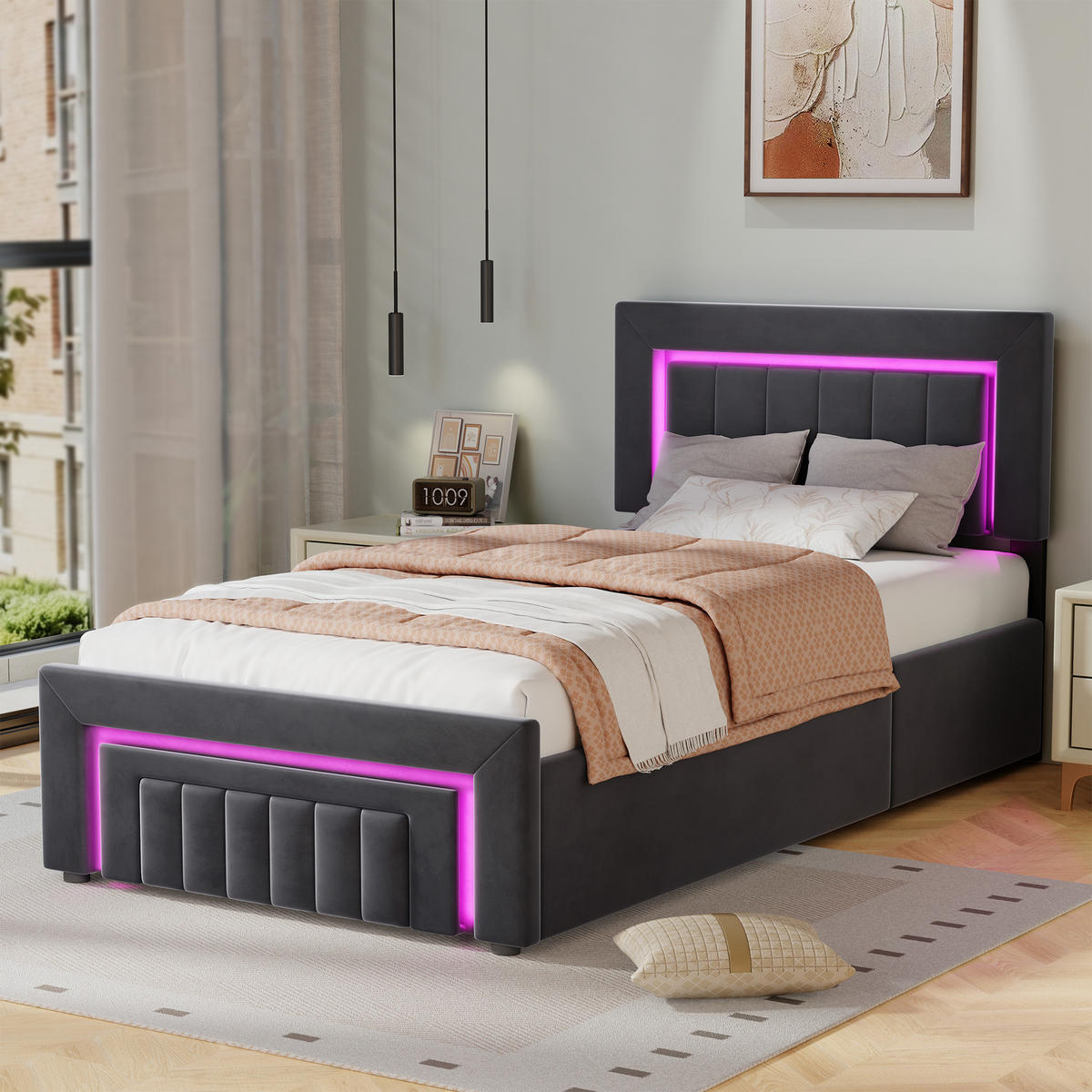 POLSTERBETT 90/190 cm aus Velours mit Bettkasten und LED Beleuchtung - Grau, Textil (90/190cm) - BEAOK