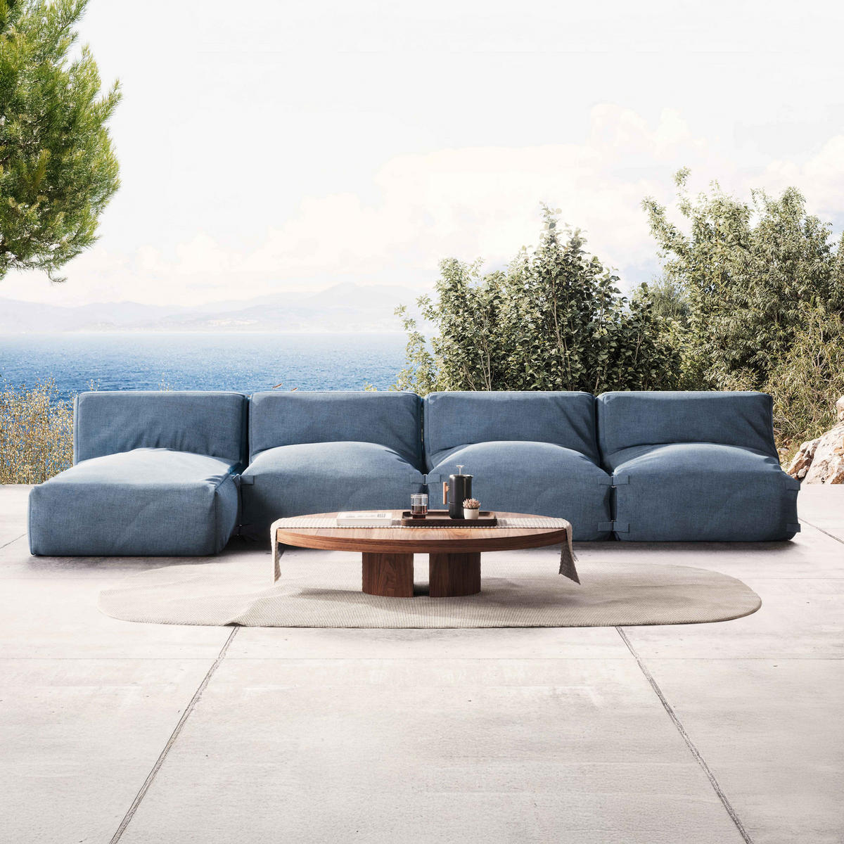 GARTENSOFA mit 4 Sitzplätzen, Pazifikblau - Blau, Textil - Oviala