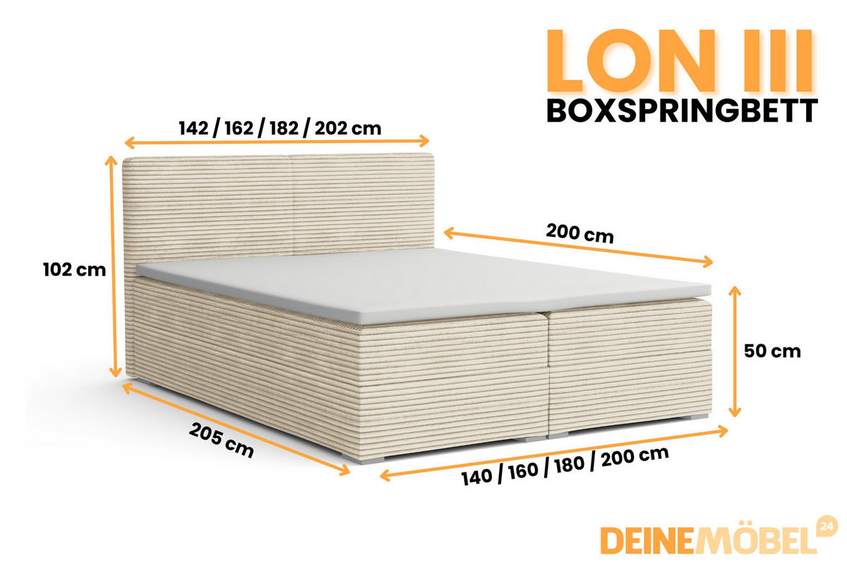BOXBETT LON III 200/200 in Cord Creme H4 - Creme, Holz/Holzwerkstoff (200/200cm) - Deine Möbel 24