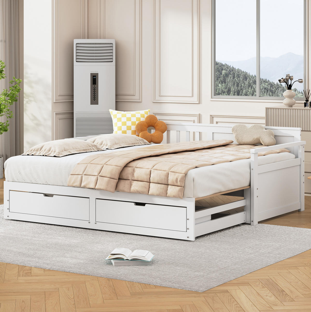 HOLZBETT 90/190 cm aus Kiefer massiv in Weiß – inkl. Ausziehbett und 2 Schubladen - Weiß, Holz (180/190cm) - BEAOK