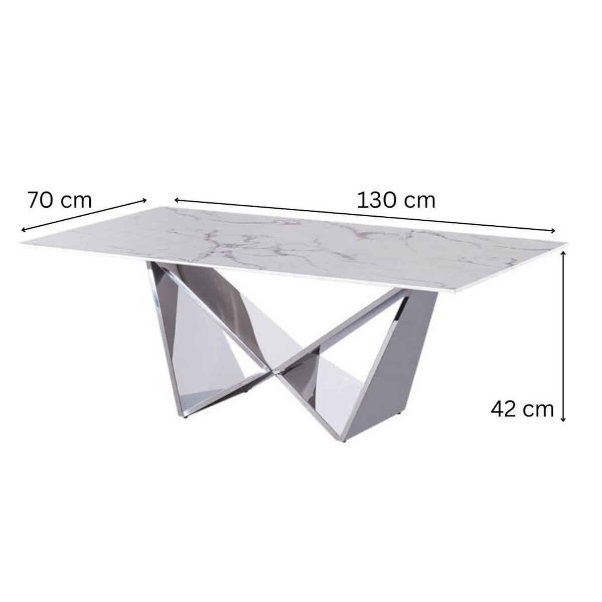 DESIGN-COUCHTISCH CENTO Rechteckiger Wohnzimmertisch in Marmor-Optik mit geometrischem Edelstahl-Gestell (130 x 70 cm) - Silbereichenfarben, Metall (70/130/42cm) - alesvelt
