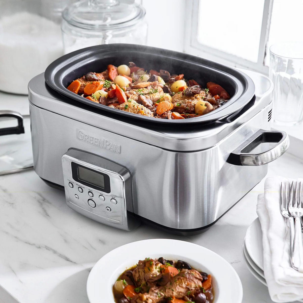 SLOWCOOKER - 6.0 Liter - Edelstahl - Keramische Antihaftbeschichtung - Silberfarben, Metall (6L)