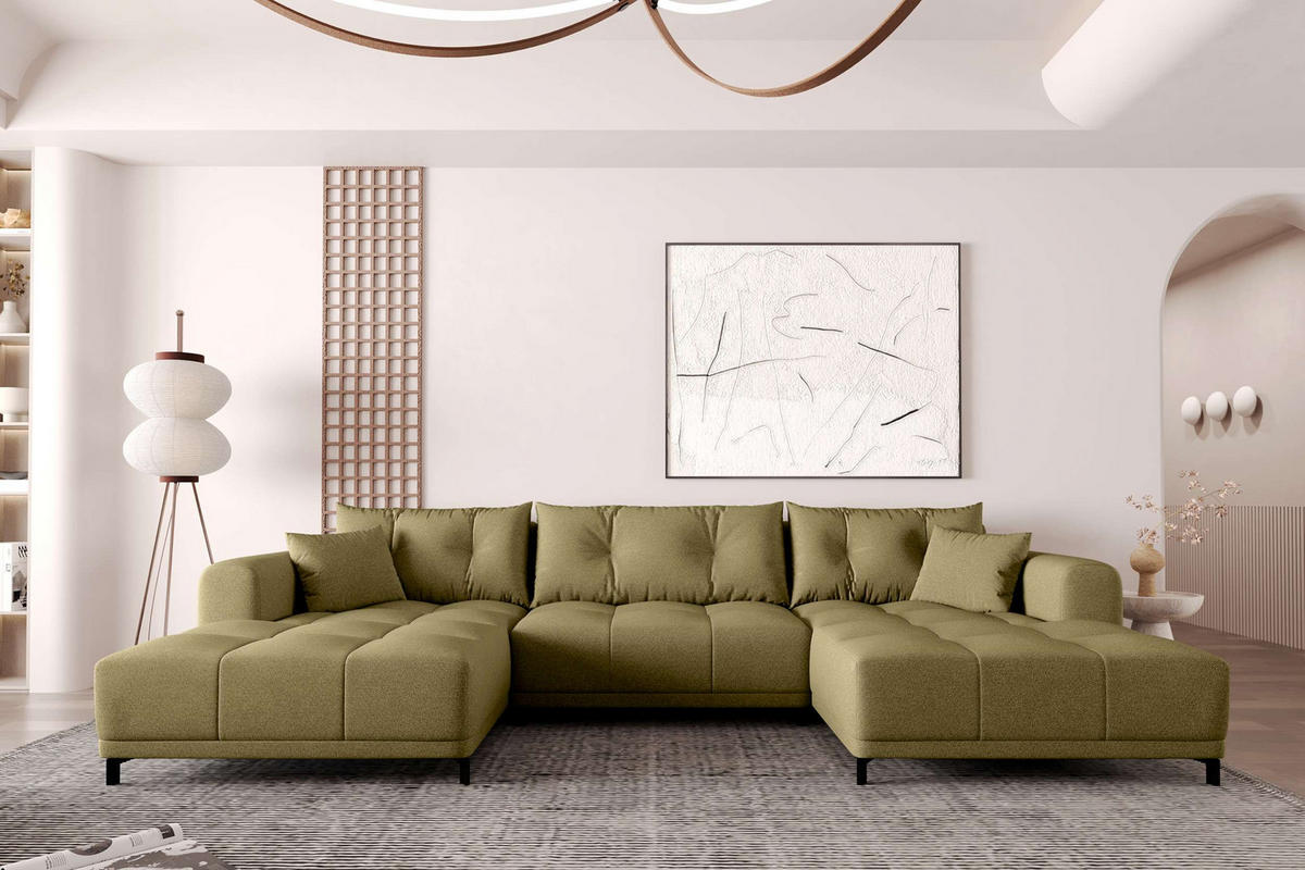 WOHNLANDSCHAFT Strukturstoff Khaki inkl. Schlaffunktion - Schwarz/Olivgrün, Textil/Metall (348/94/181cm) - 99rooms