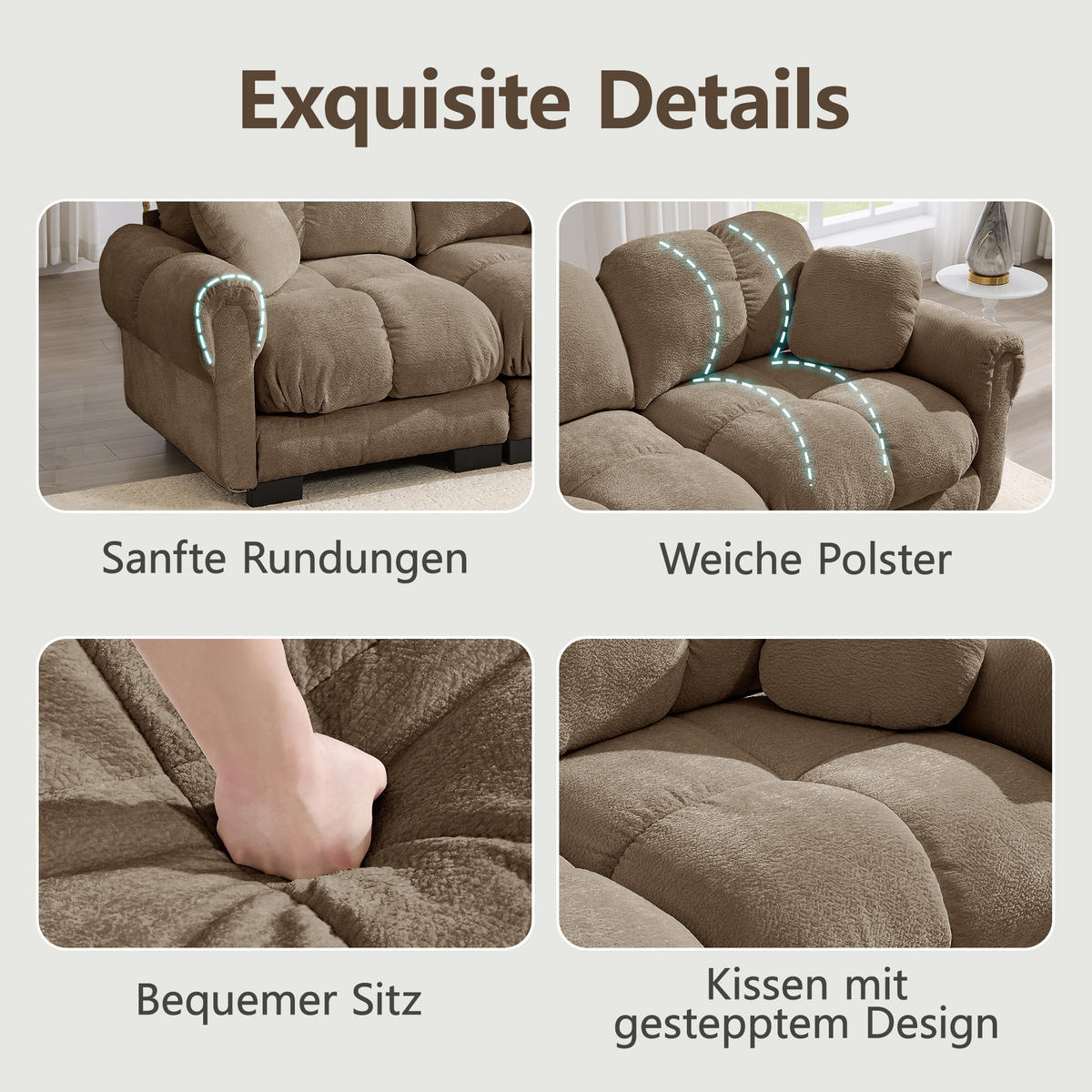 ECKSOFA DE-34384 4-Sitzer mit Steppdesign Braun - Braun, Textil (149/330cm) - ComfortXL