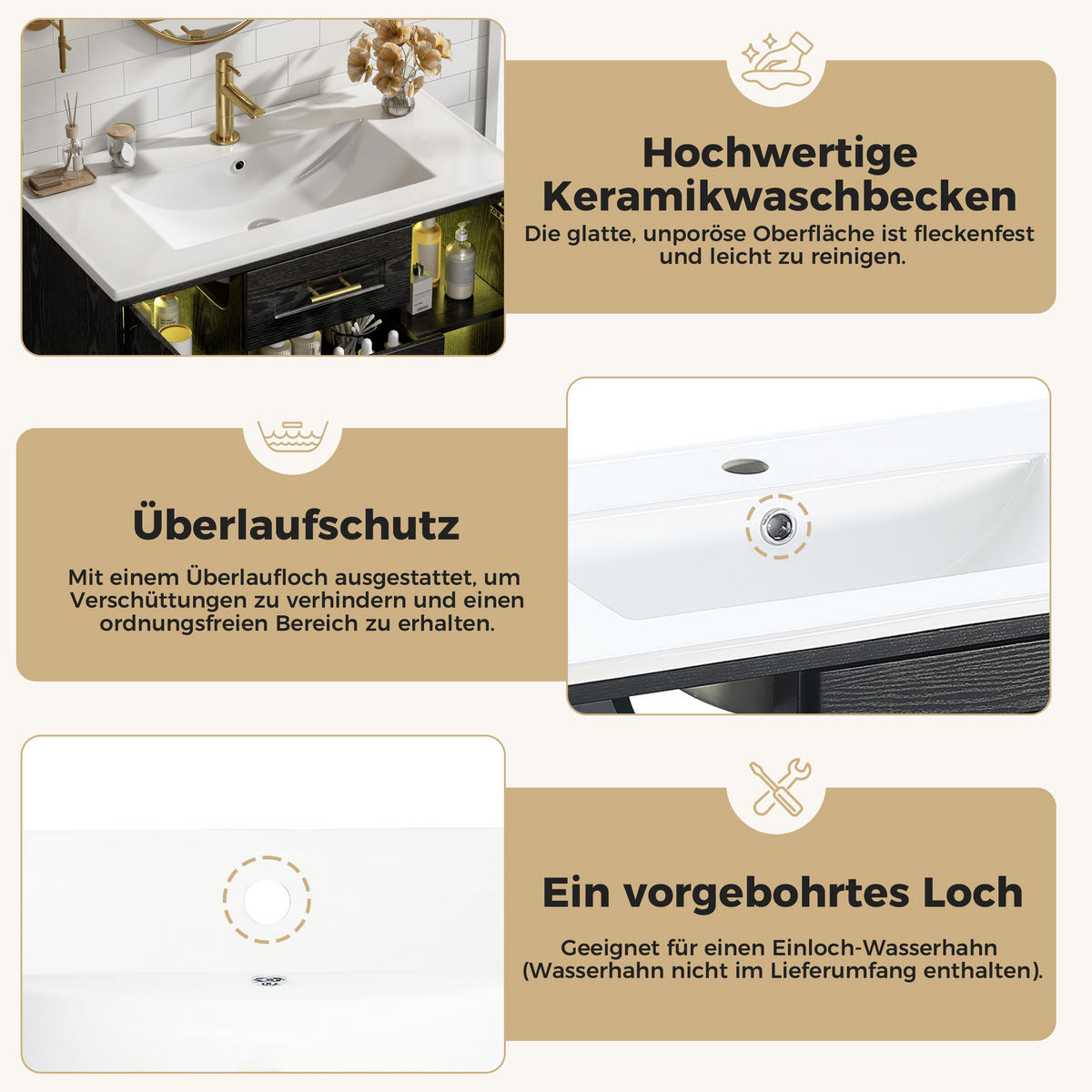 BADEZIMMERSCHRANK Wandmontiert Waschbecken LED Glasfront Schwarz 76cm - Schwarz, Glas (76/55/46cm) - FLIEKS