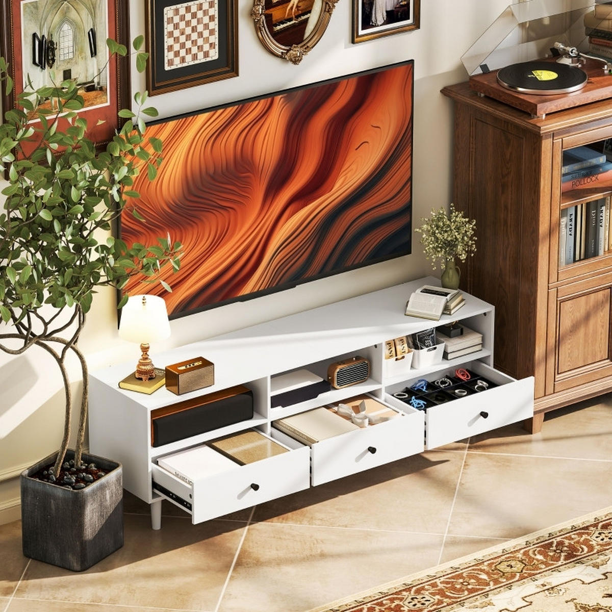 TV Lowboard 140 cm, 3 offene Fächer, Kabeldurchlass, Weiß - Weiß, Holz (140/45/34cm)