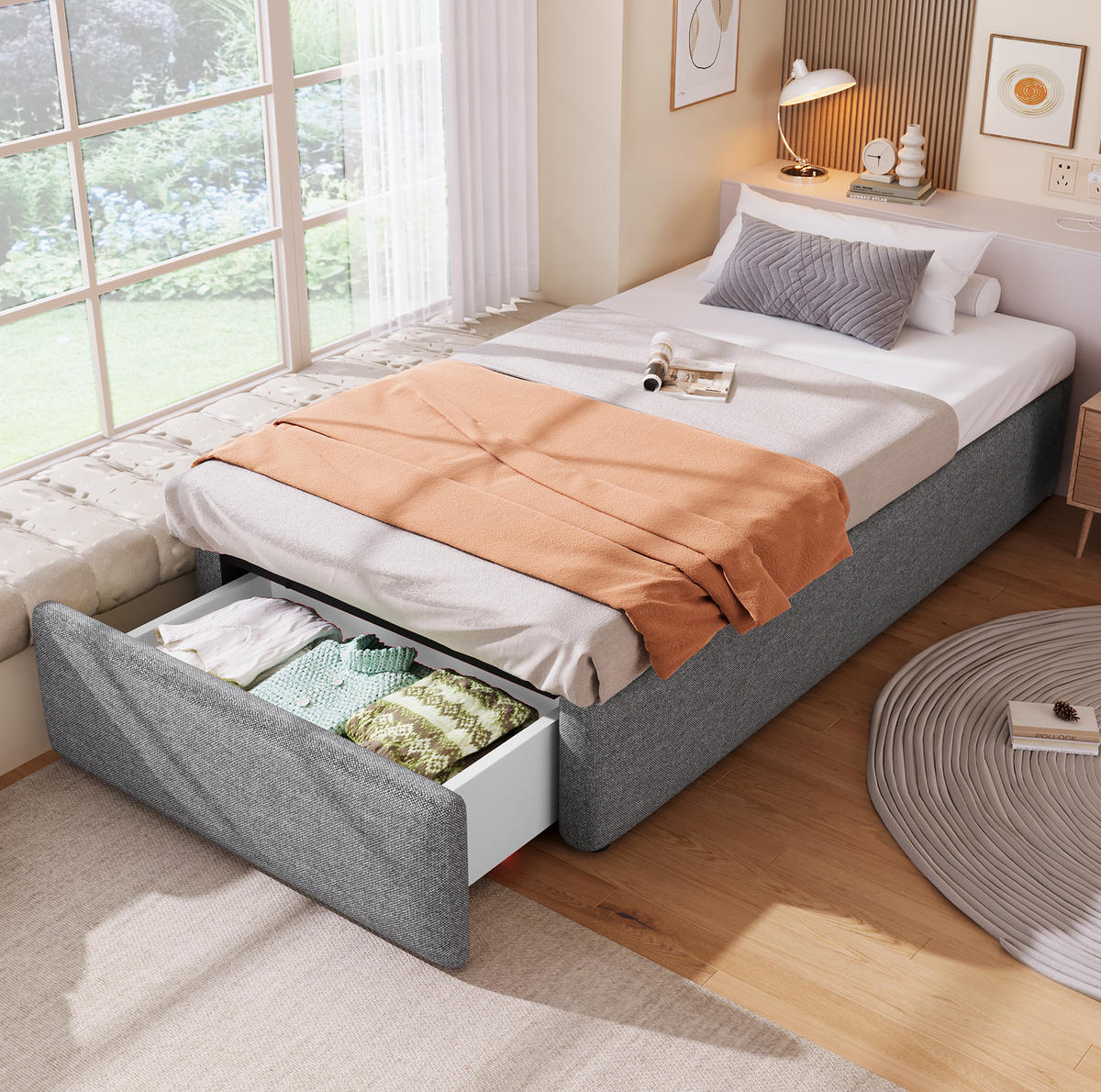 POLSTERBETT 90/200 cm Grau mit Hydraulik und Schublade ohne Matratze - Grau, Textil (90/200cm) - MIVRAY