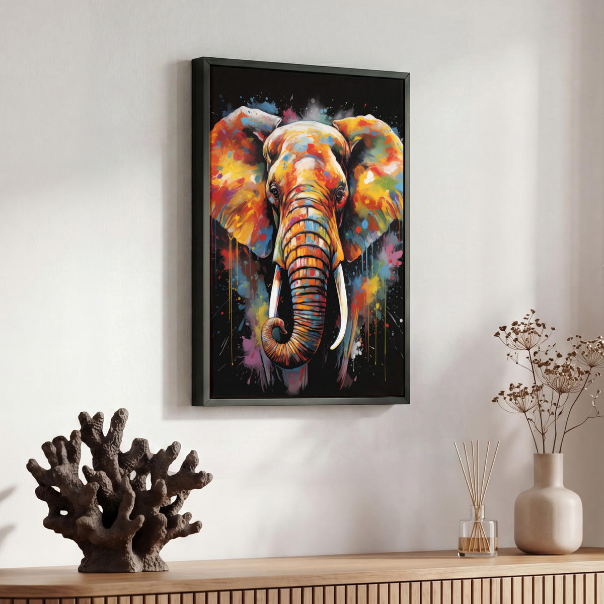 LEINWAND Bilder mit Rahmen - Elefant - Graffiti - Schwarz - Tiere - Farben - 30x40 - Schwarz, Textil (30/40cm) - MuchoWow