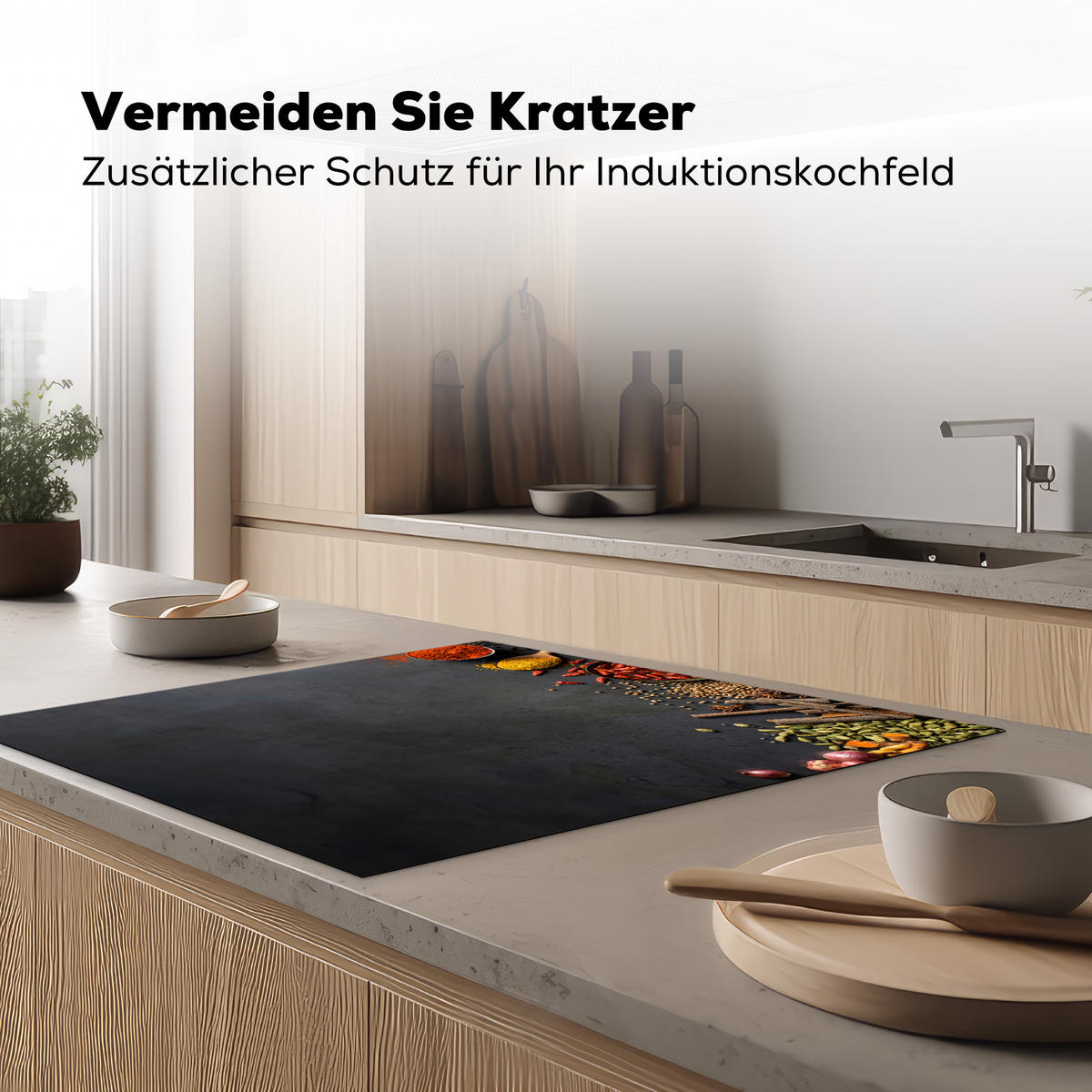 HERDABDECKPLATTE Kräuter - Lebensmittel - Gewürze - Schwarz - Paprika - Zimt Induktionsmatte 78x78 cm - Currygelb, Kunststoff (78/78/0.2cm) - MuchoWow