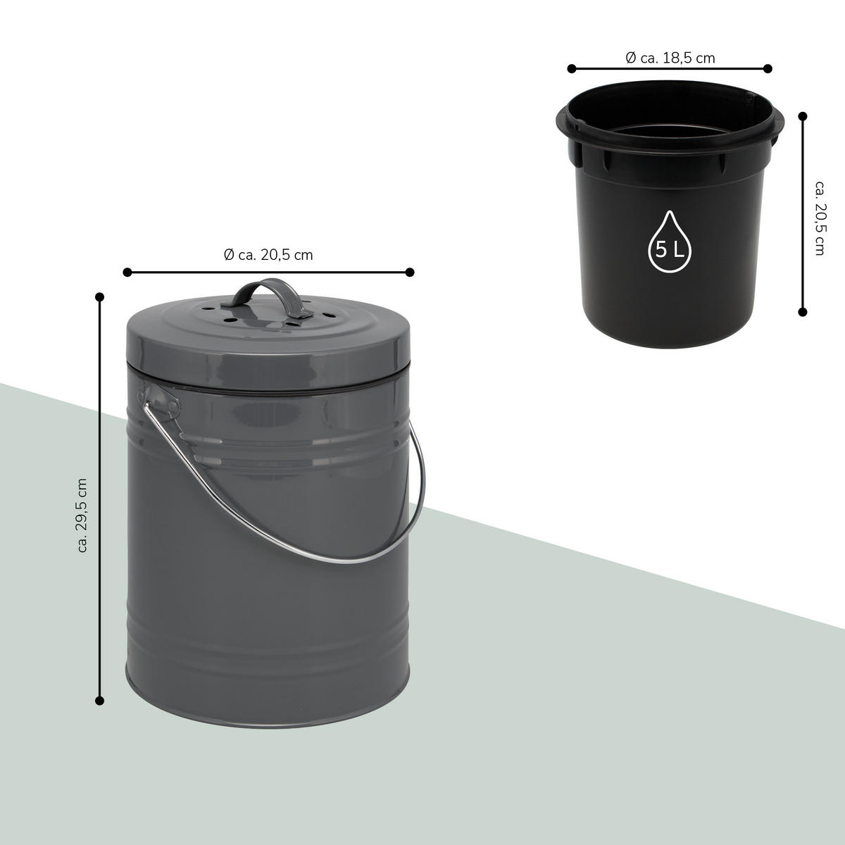 KOMPOSTEIMER 5 Liter, grau, Metall - Grau, Metall (20.5/29.5/20.5cm) - bremermann